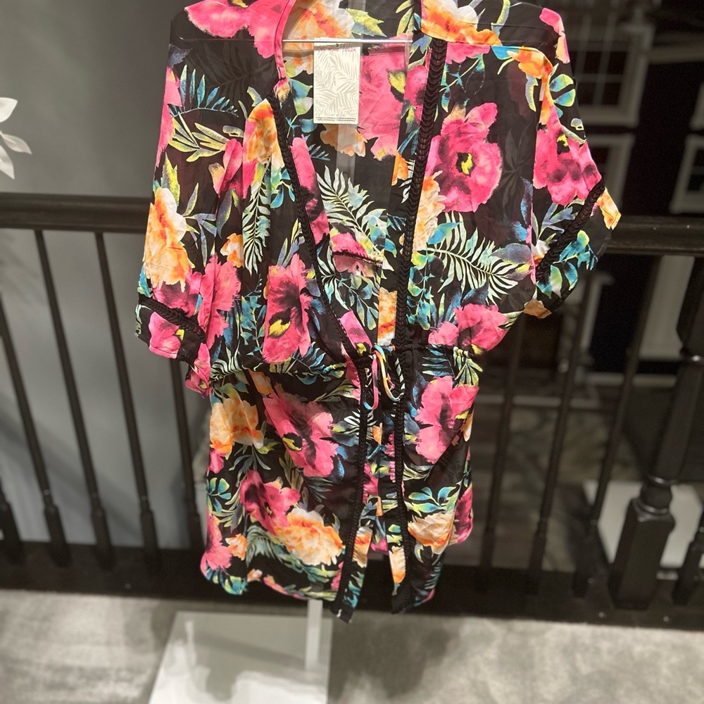 Macy's Floral Kimono Swim Coverup - Black, Pink, Yellow